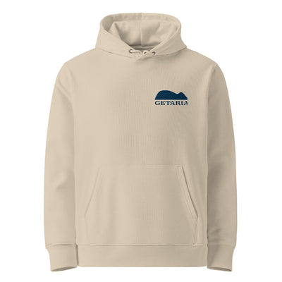 cream eco hoodie with front design in blue of the raton de getaria