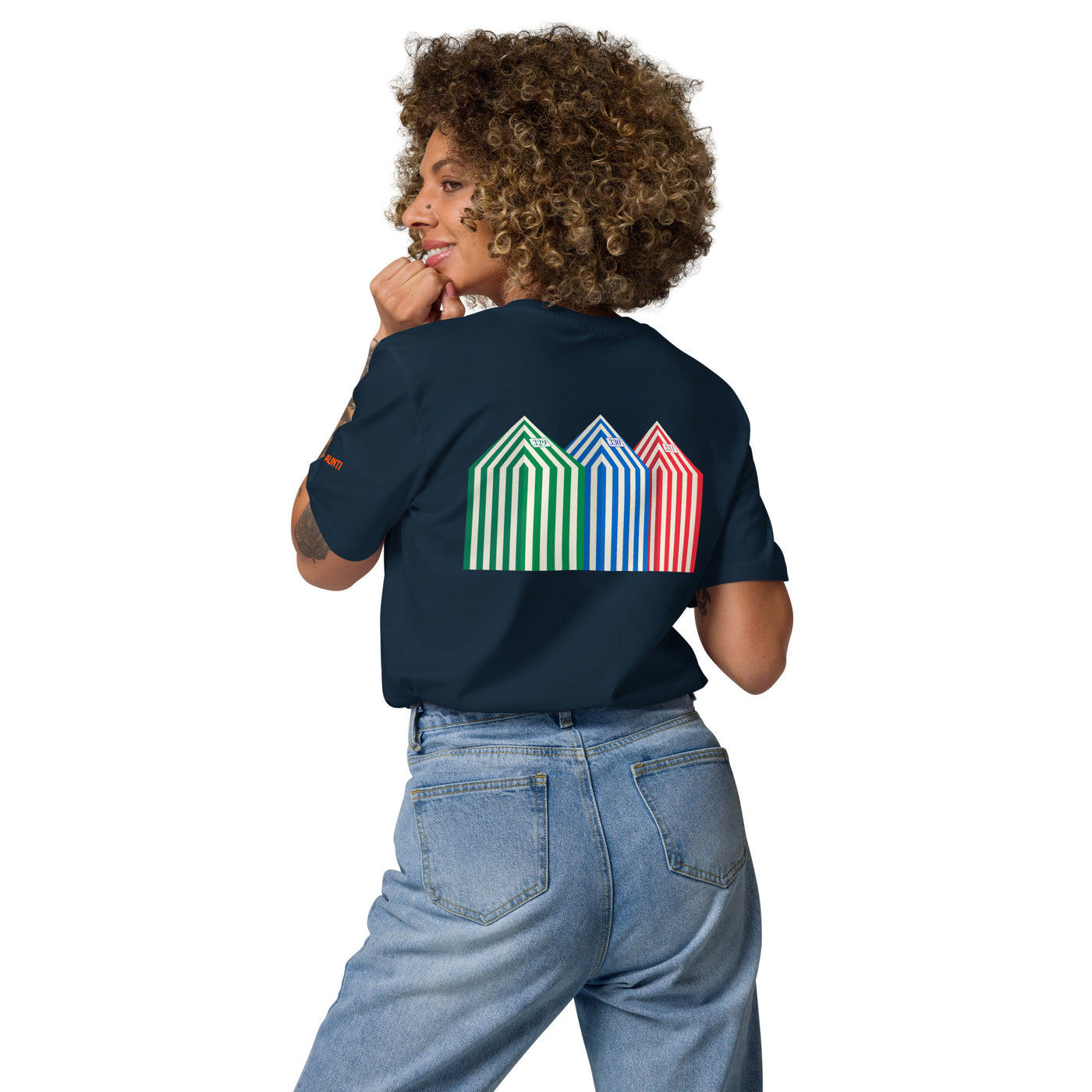 Camiseta  Orgánica Toldos Zarautz en color azul marino. Moda Vasca. Aunti.
