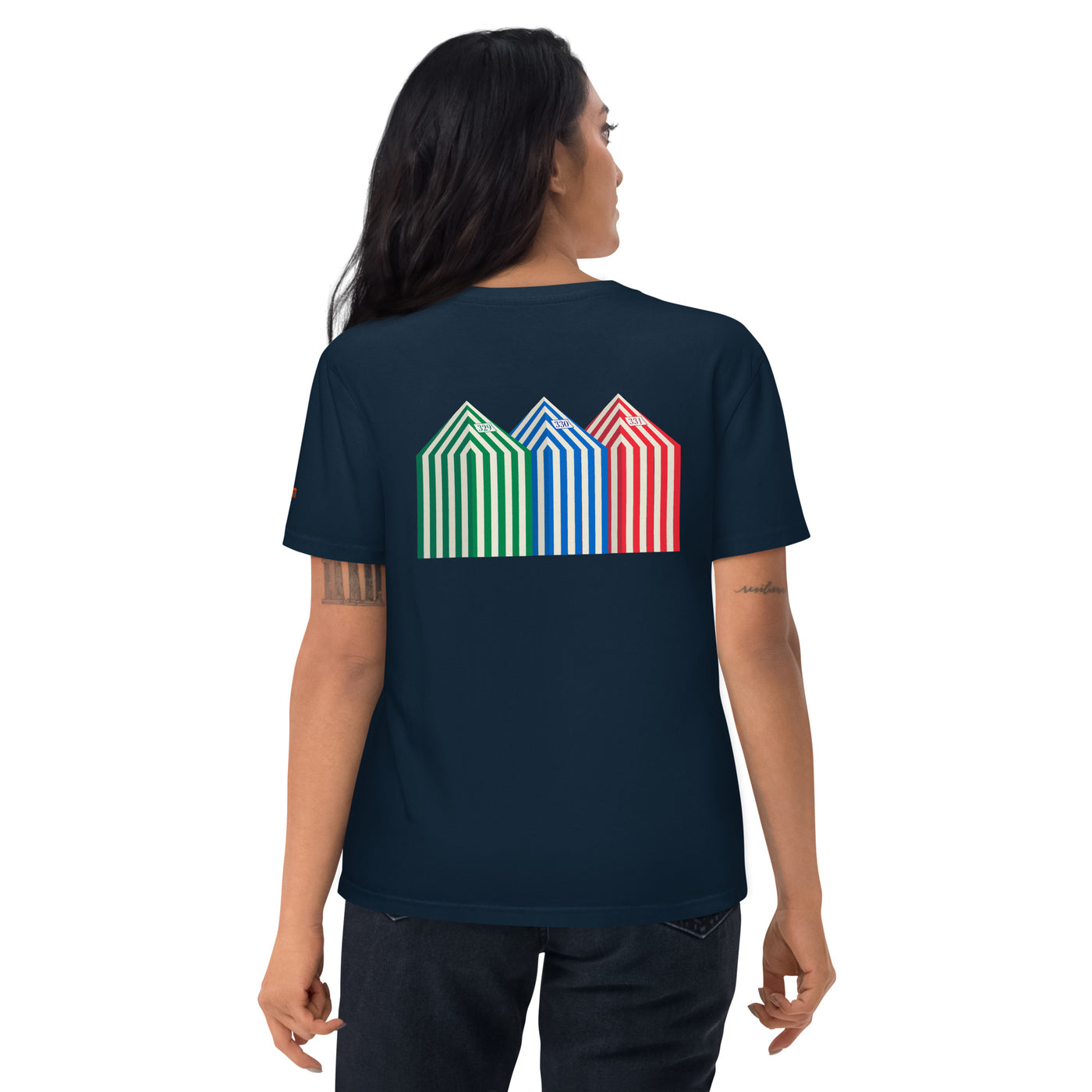 Organic navy tee with beach cabins design. Basque Fashion. Aunti