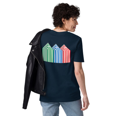 Camiseta ecológica azul marina con diseño de los Toldos de la playa de Zarautz. Moda sostenible Vasca. Aunti